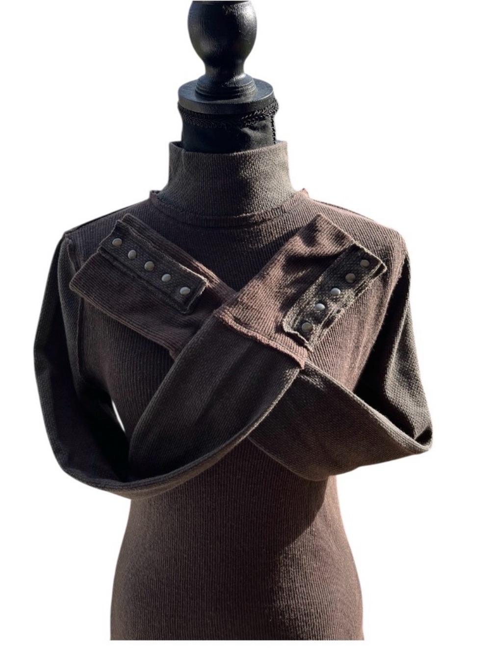 We The Free Ribbed Turtleneck Brown Gray Snap Cuff Boho Top M or L NWOT - Picture 3 of 6